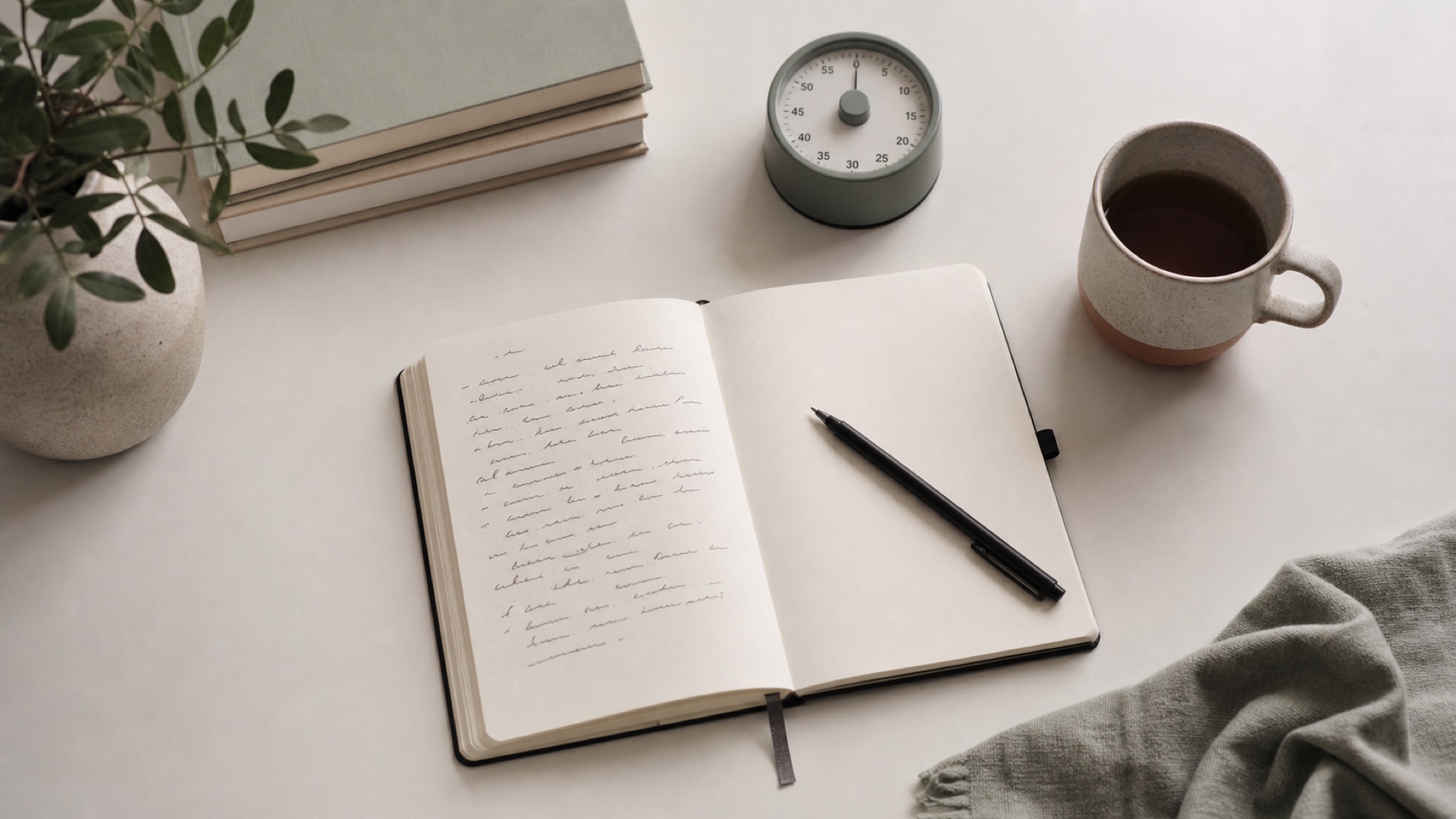 Rituel calme de journaling avec carnet et boisson chaude