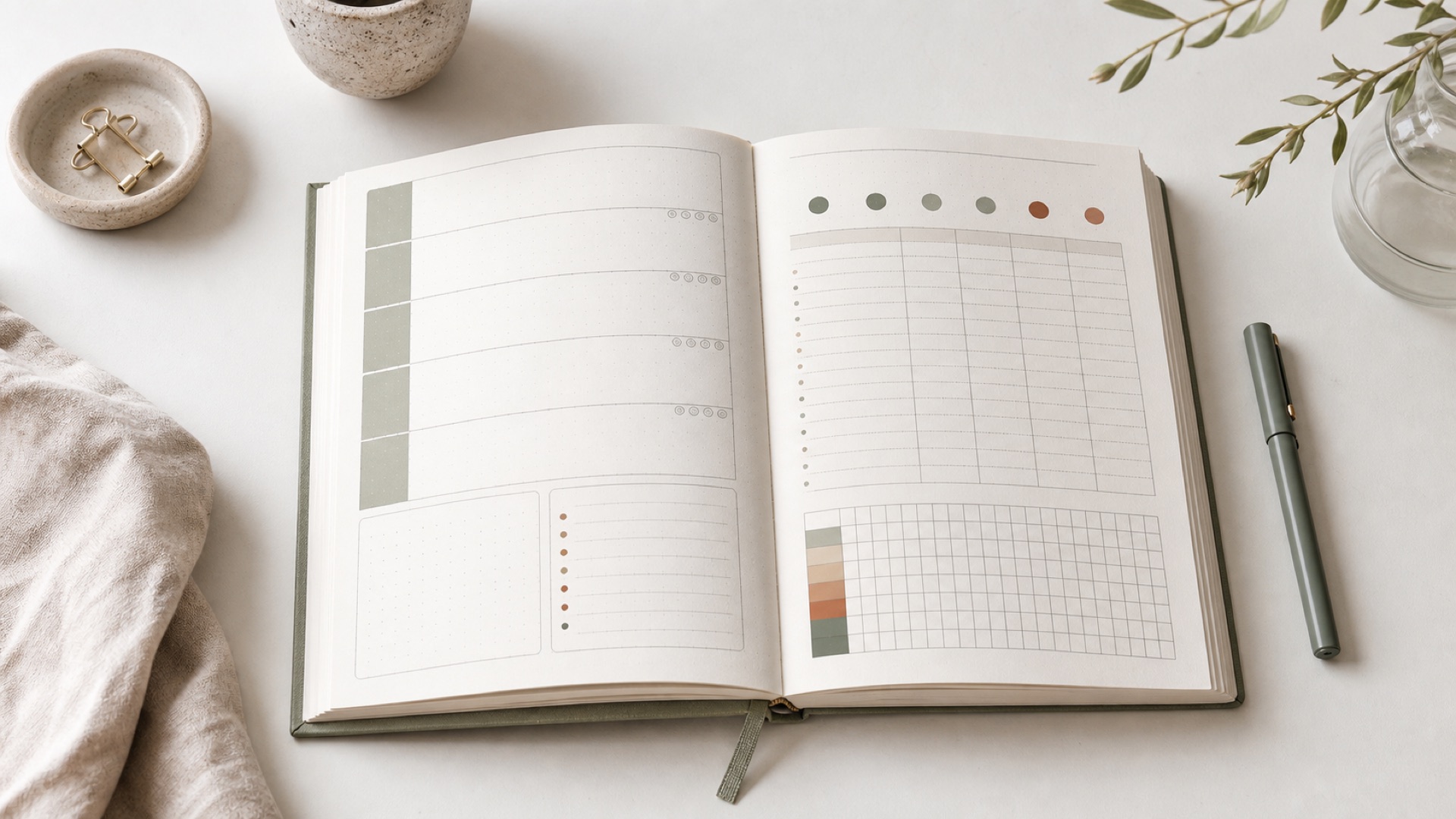 Sections pratiques d’un bullet journal pré-rempli