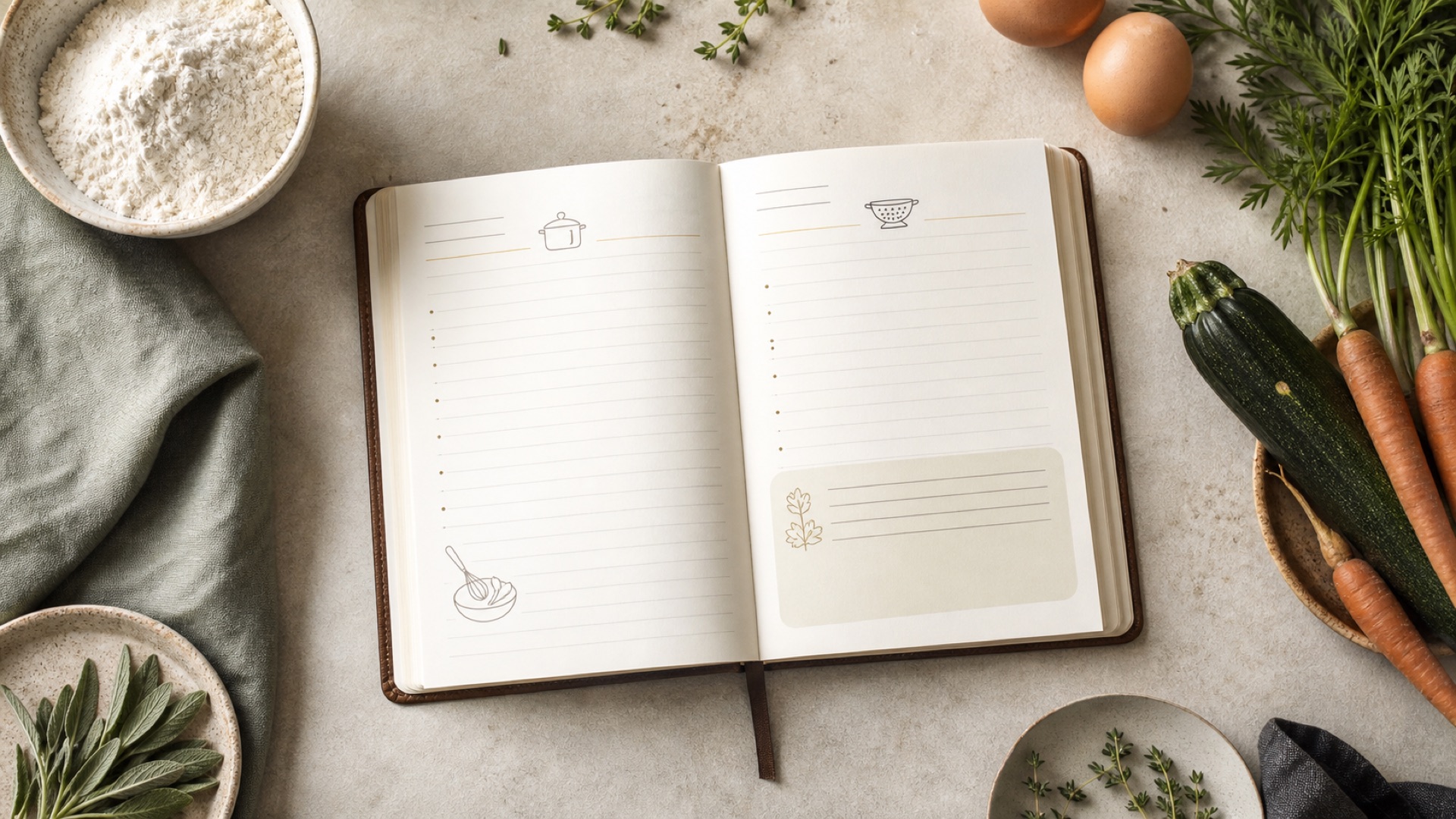 Carnet de recettes entouré d’ingrédients frais