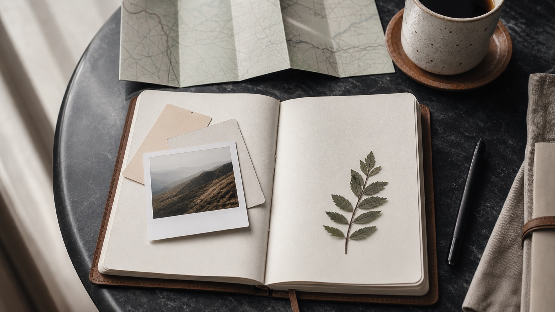Souvenirs de voyage disposés autour d’un carnet