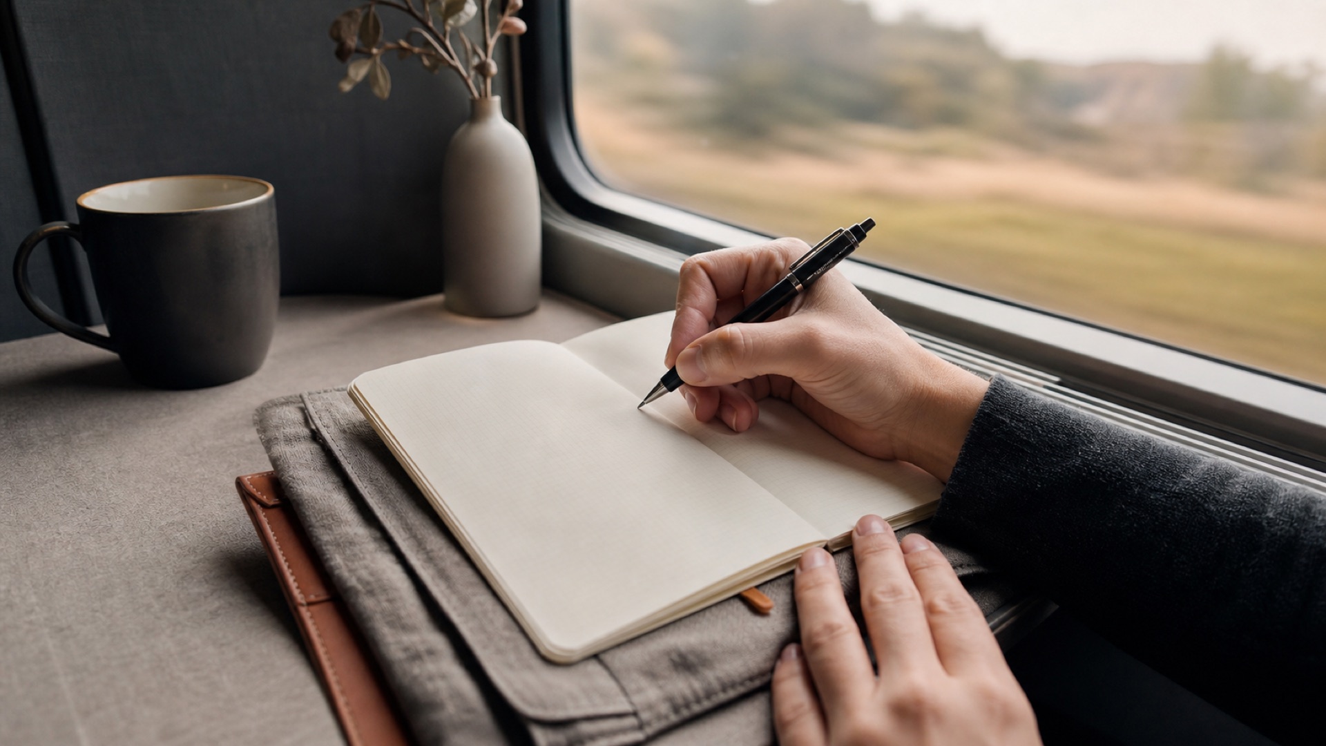 Écriture dans un carnet de voyage en situation